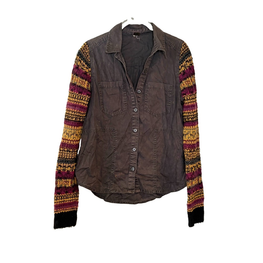 We The Free Free People Aztec Knit Sleeve Mixed Media Utility Button Down Shirt